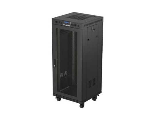 DULAP RACK 19" CU RAFTURI 27U/600X600 (PACHET PLAT) CU UȘĂ CU PLASĂ LCD NEGRU LANBERG V2