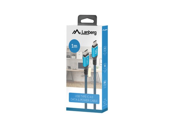 Cablu USB-C M/M USB4, 1 m, 240 W, 8K, 60 Hz, negru și albastru, cutie LANBERG