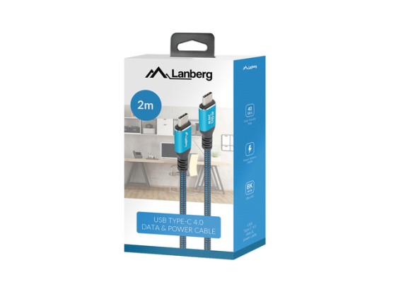 Cablu USB-C M/M USB4, 2 m, 240 W, 8K, 60 Hz, negru și albastru, cutie LANBERG