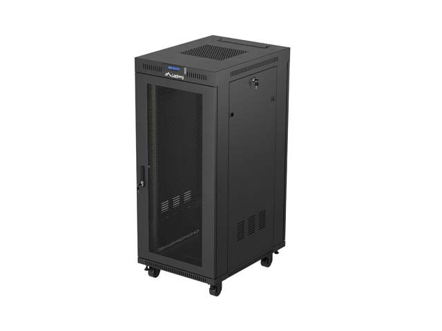 DULAP RACK 19" CU RAFTURI 27U/600X800 (PACHET PLAT) CU UȘĂ CU PLASĂ LCD NEGRU LANBERG V2