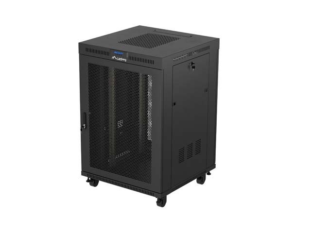 DULAP RACK 19" CU RAFTURI 22U/800X800 (PACHET PLAT) NEGRU CU UȘĂ DIN STICLĂ LCD LANBERG V2